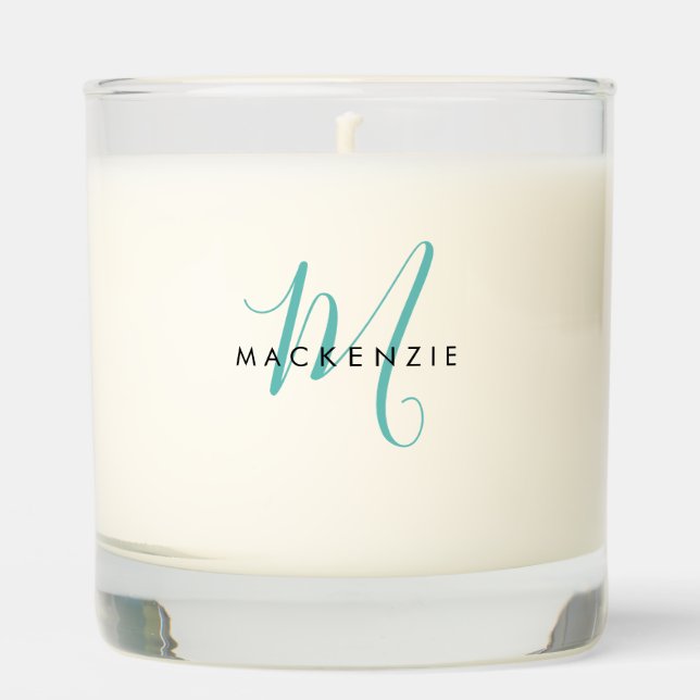 Elegant Modern Teal Script Monogram Scented Candle (Front)
