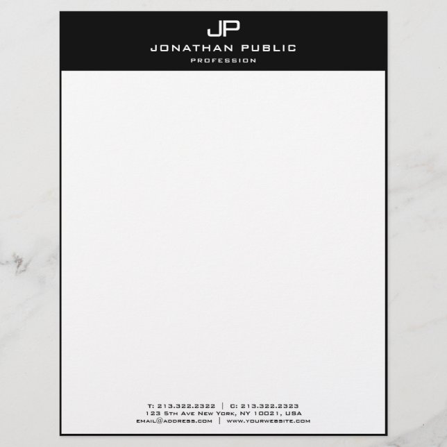 Elegant Modern Template Monogrammed Black White Letterhead (Front)