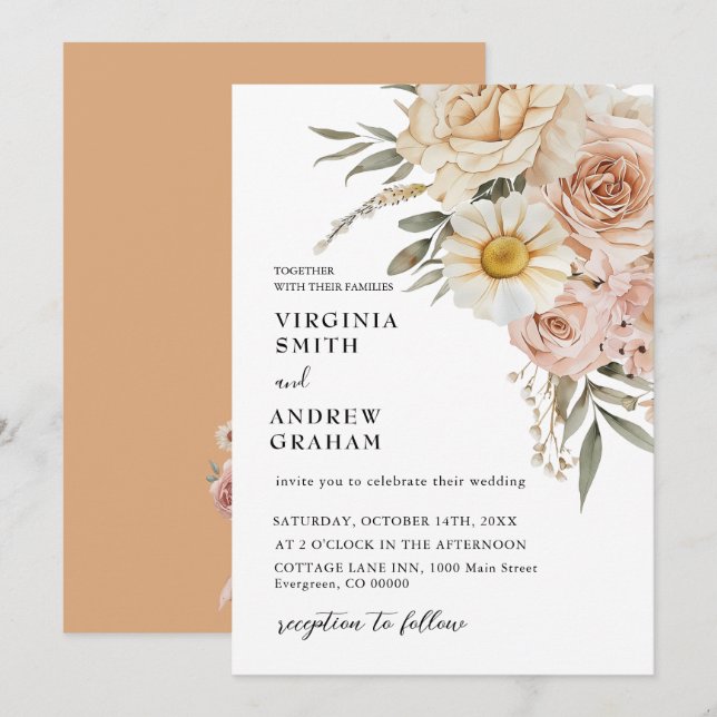 Elegant Modern Terracotta Boho Floral Wedding Invitation (Front/Back)