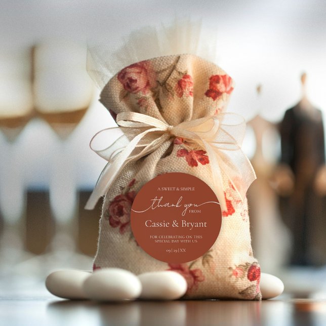 Elegant Modern Terracotta Boho Wedding Thank You Classic Round Sticker (Simple Rustic Terracotta Wedding Thank You Stickers with Calligraphy Script)