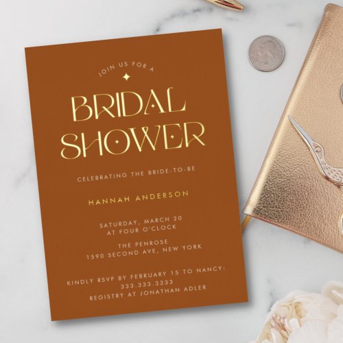 Elegant Modern Terracotta Gold Star Bridal Shower Foil Invitation
