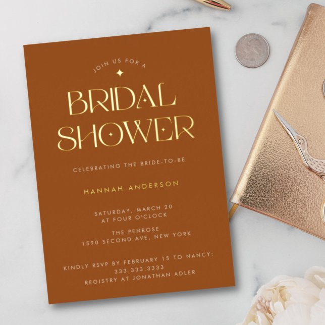 Elegant Modern Terracotta Gold Star Bridal Shower Foil Invitation (Creator Uploaded)
