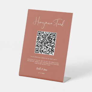Elegant & modern terracotta Honeymoon fund QR code Pedestal Sign