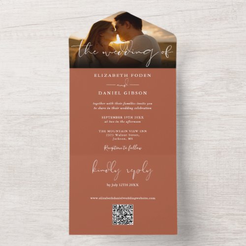 Elegant Modern Terracotta QR Code Wedding Photo All In One Invitation