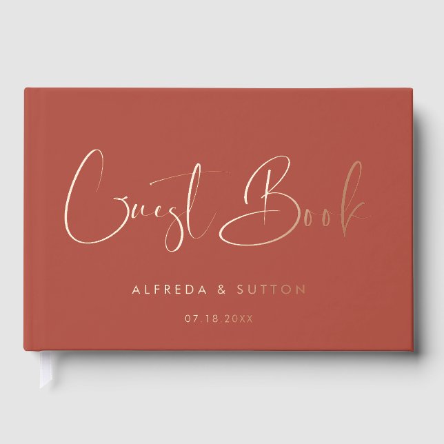 Elegant & Modern Terracotta Rose Gold foil wedding Guest Book (Front)