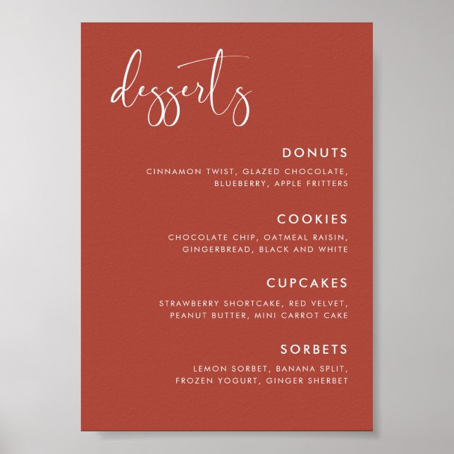 Elegant Modern Terracotta Wedding Dessert Bar sign (Front)