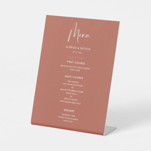 Elegant  modern terracotta wedding menu pedestal sign