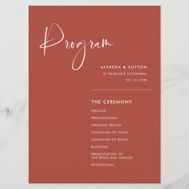 Elegant & modern terracotta wedding program (Front)