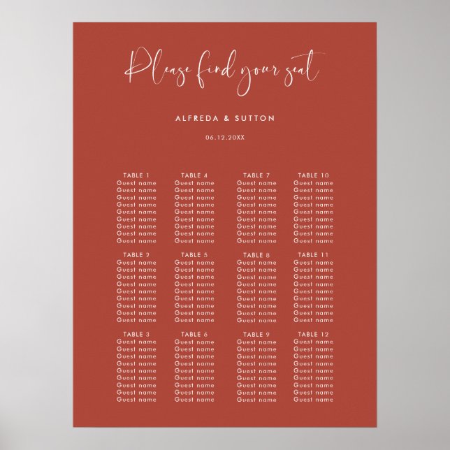 Elegant & modern Terracotta wedding seating chart (Front)