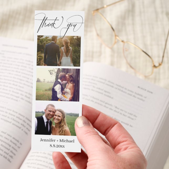 elegant modern thank you 3 photos wedding bookmarks (Hand)