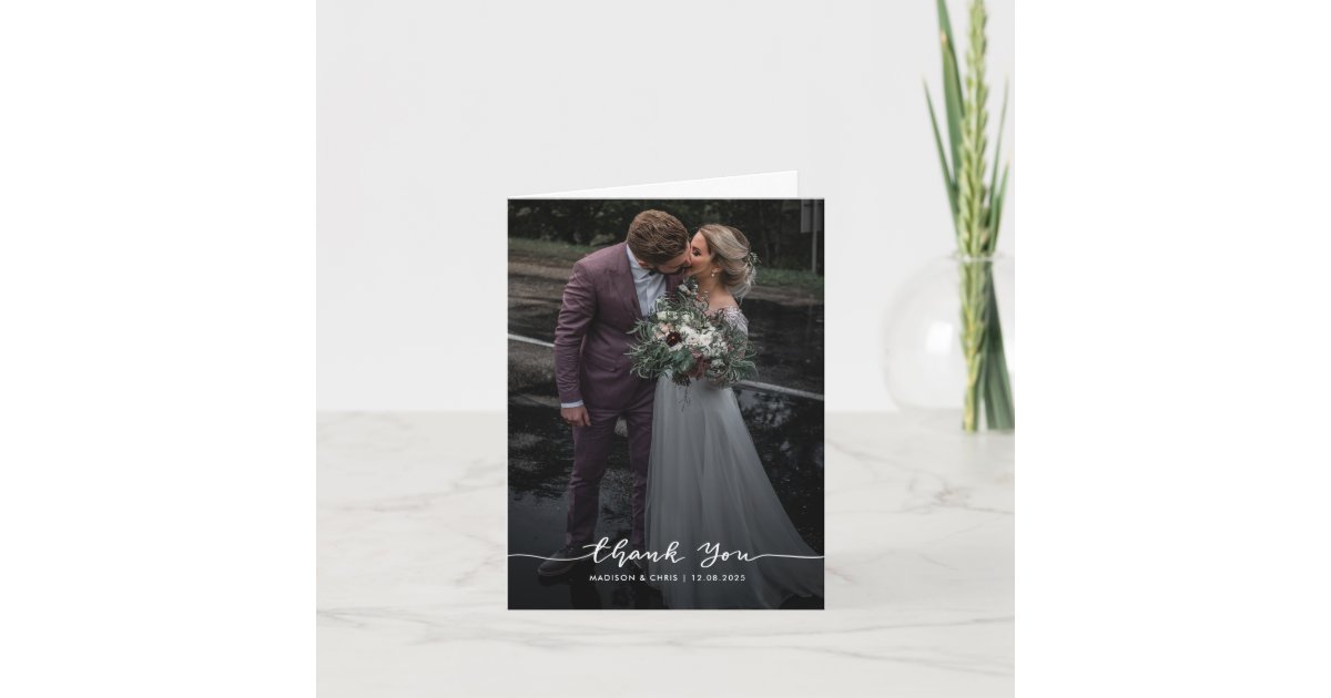 Elegant Modern Thank You Script Wedding Photo Card | Zazzle