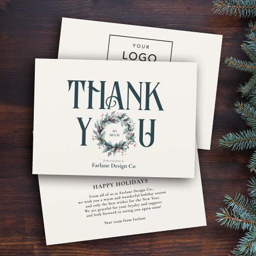 Elegant Modern Thank you Wreath Business Logo Holiday Card