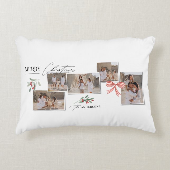 Elegant modern traditional red bow multi photo accent pillow (Front)