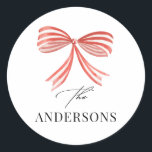 Elegant modern traditional red bow multi photo classic round sticker<br><div class="desc">Elegant modern traditional red  bow multi script and serif typography Merry Christmas Holiday decor favor sticker.</div>