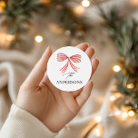 Elegant modern traditional red bow multi photo classic round sticker<br><div class="desc">Elegant modern traditional red  bow multi script and serif typography Merry Christmas Holiday decor favor sticker.</div>