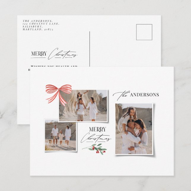 Elegant modern traditional red bow multi photo holiday postcard (Front/Back)