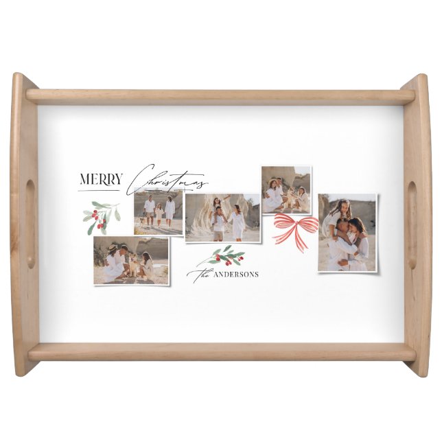 Elegant modern traditional red bow multi photo serving tray (Front)