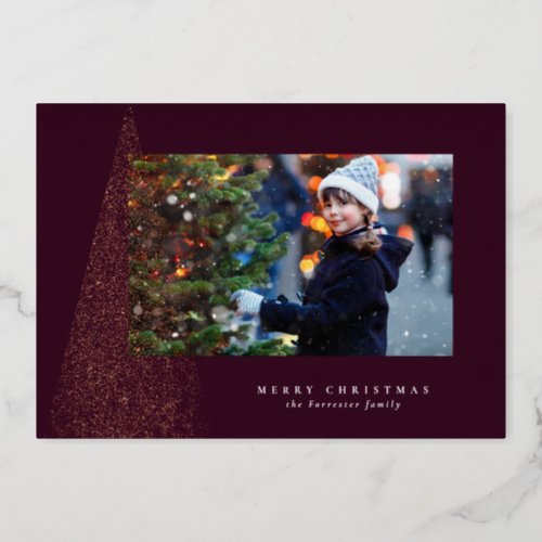 Elegant modern tree plum one photo Christmas Foil Holiday Card