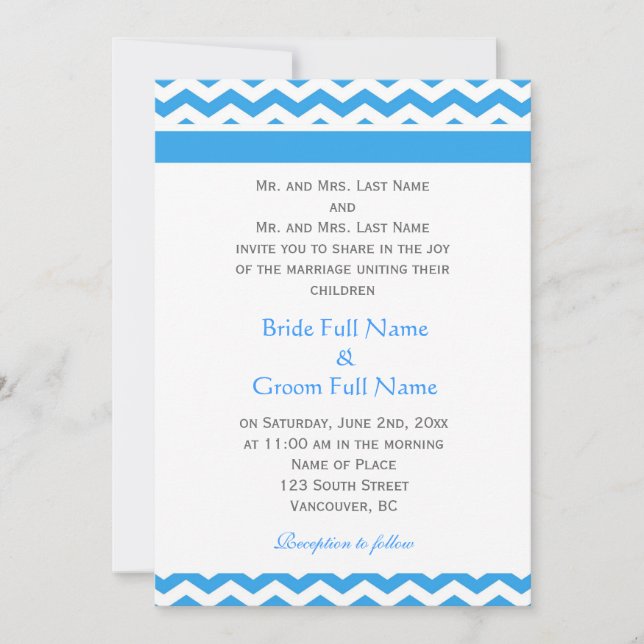 Elegant, modern, trendy blue chevron wedding invit invitation (Front)