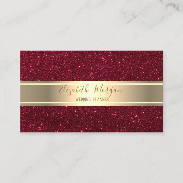 Elegant Modern Trendy Red Glitter Gold Stripe Business Card (Front)