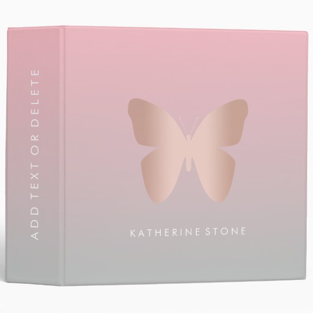 Elegant modern trendy rose gold butterfly 3 ring binder (Front/Spine)