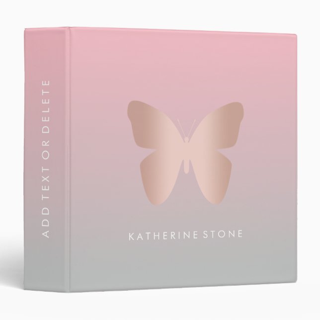 Elegant modern trendy rose gold butterfly 3 ring binder (Front/Spine)