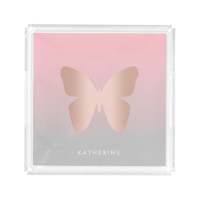 Elegant modern trendy rose gold butterfly acrylic tray (Front)