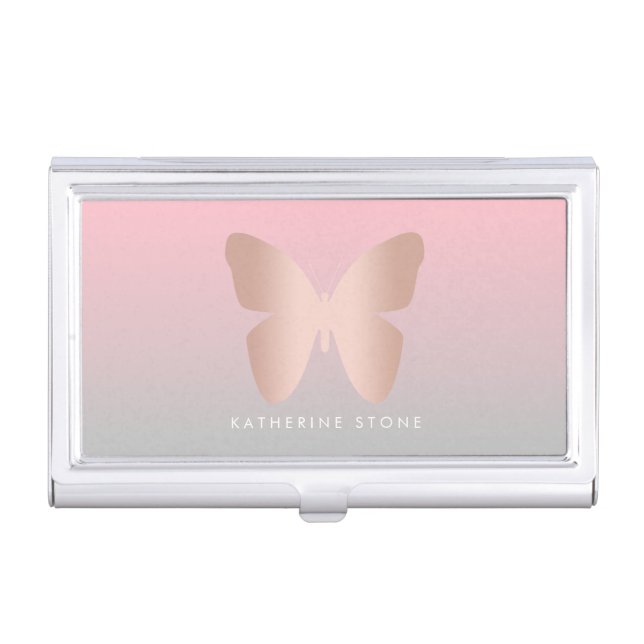 Elegant modern trendy rose gold butterfly business card case (Front)