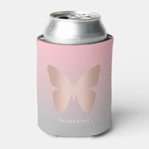 Elegant modern trendy rose gold butterfly can cooler