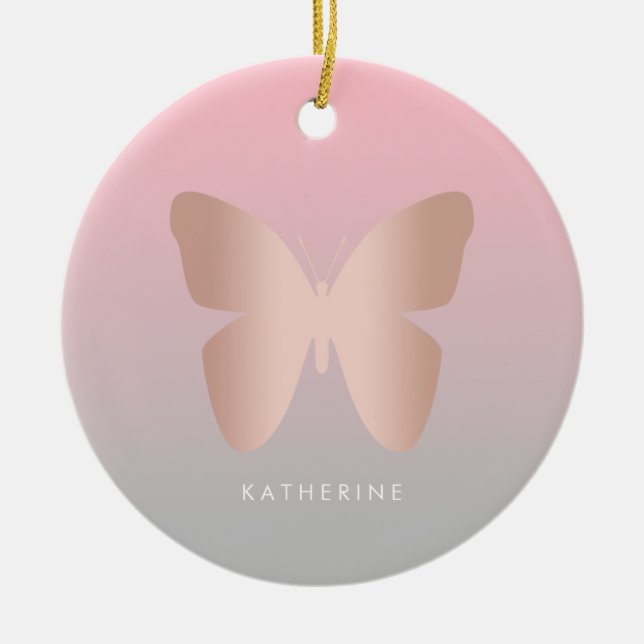 Elegant modern trendy rose gold butterfly ceramic ornament (Front)