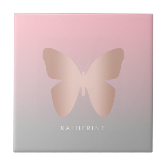 Elegant modern trendy rose gold butterfly ceramic tile (Front)