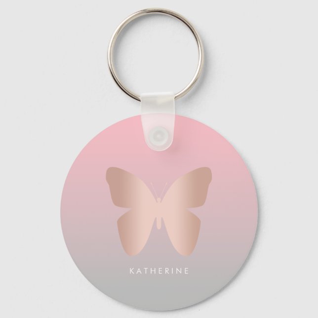Elegant modern trendy rose gold butterfly keychain (Front)