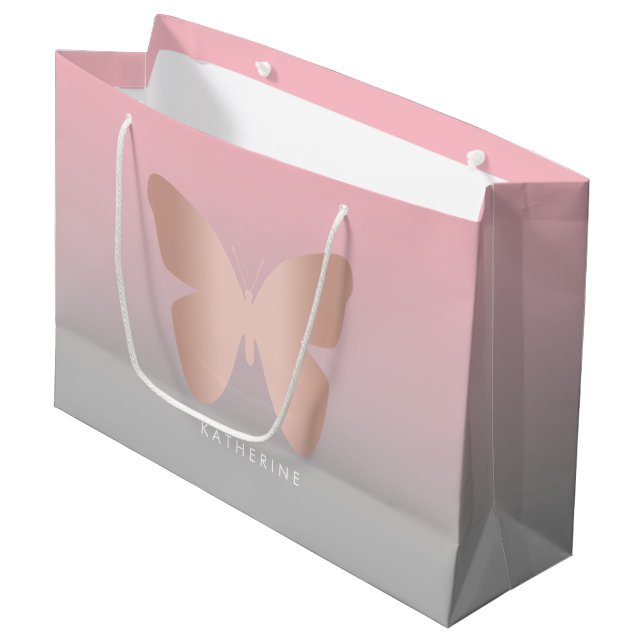 Elegant modern trendy rose gold butterfly large gift bag (Front Angled)