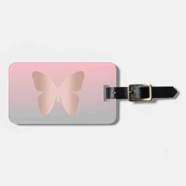 Elegant modern trendy rose gold butterfly luggage tag (Front Horizontal)