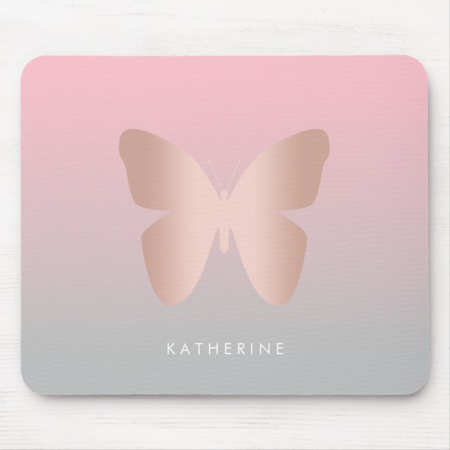Elegant modern trendy rose gold butterfly mouse pad (Front)