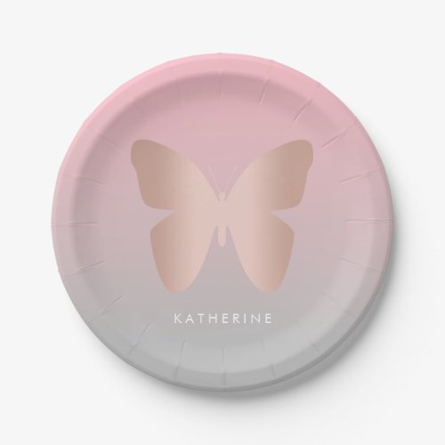 Elegant modern trendy rose gold butterfly paper plates