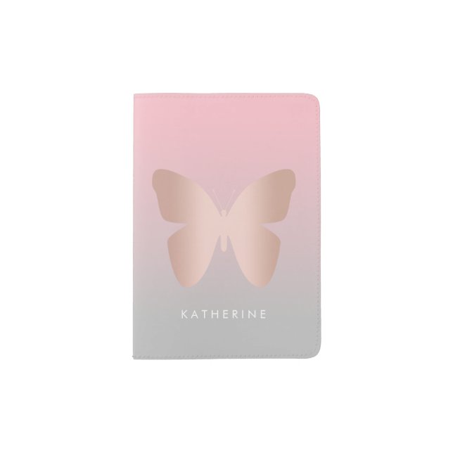 Elegant modern trendy rose gold butterfly passport holder (Front)