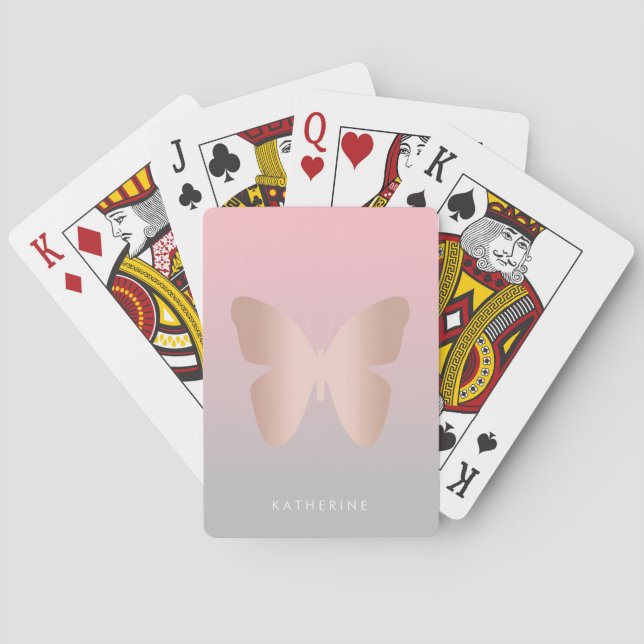 Elegant modern trendy rose gold butterfly poker cards (Back)