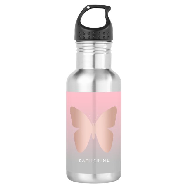 Elegant modern trendy rose gold butterfly stainless steel water bottle (Front)