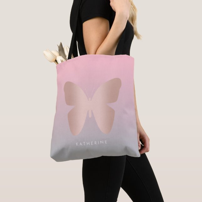 Elegant modern trendy rose gold butterfly tote bag (Close Up)