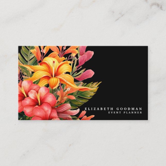Elegant Modern Tropical Black Business Cards (Front)