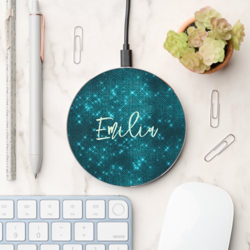 Elegant modern turquoise glitter name  wireless charger 