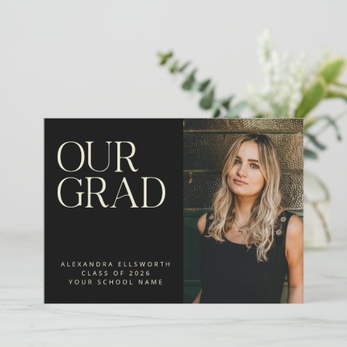 Elegant Modern Two Photo Black Simple Graduation Announcement