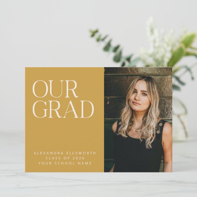 Elegant Modern Two Photo Yellow Simple Graduation Announcement (Standing Front)