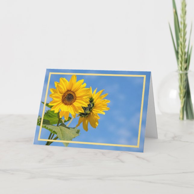 Elegant Modern Two Sunflowers Sky Golden Frame Card (Front)