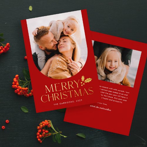 Elegant Modern Type Merry Christmas Photo  Foil Holiday Card
