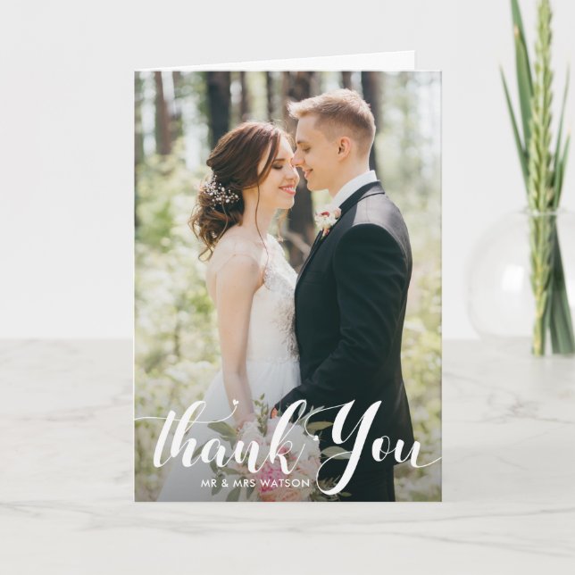 elegant modern typography bride & groom wedding thank you card (Front)