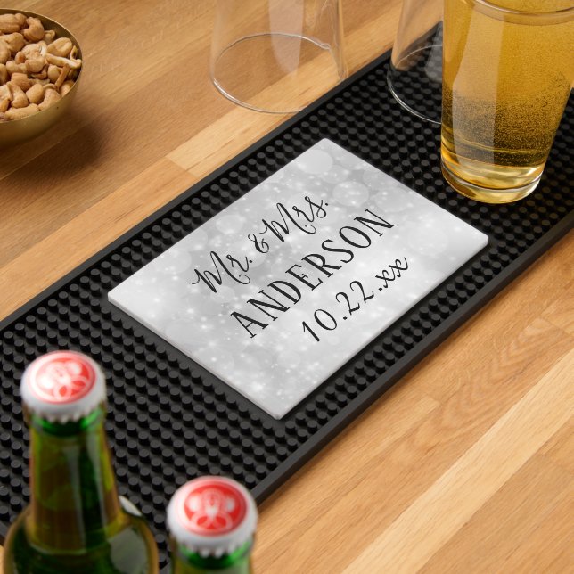 Elegant Modern Typography Mr and Mrs Bokeh Wedding Bar Mat (Insitu (Bar 2))