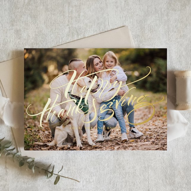 Elegant Modern Typography Photo Happy Thanksgiving Foil Holiday Card (Creator Uploaded)