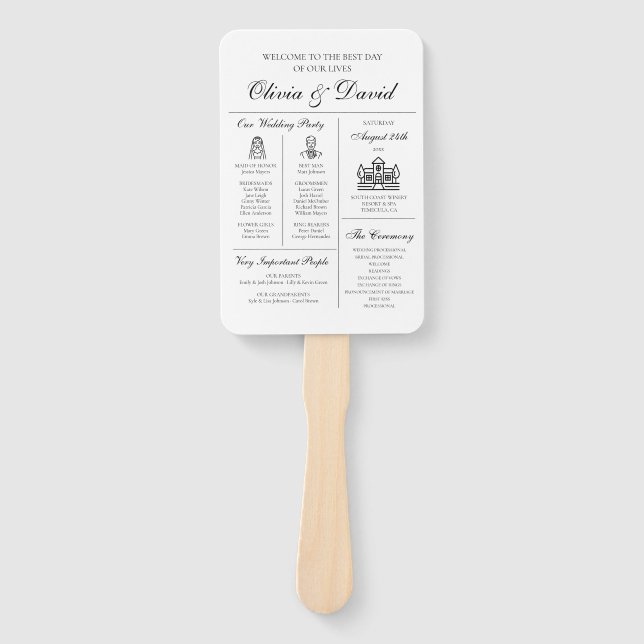 Elegant Modern Unique Infographic Wedding Program Hand Fan (Front)